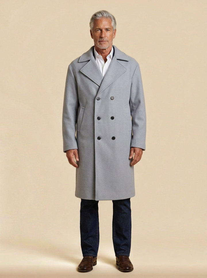 Atwater relaxed double breasted longline overcoat in Light Grey, studio, Gentlemens Manor
