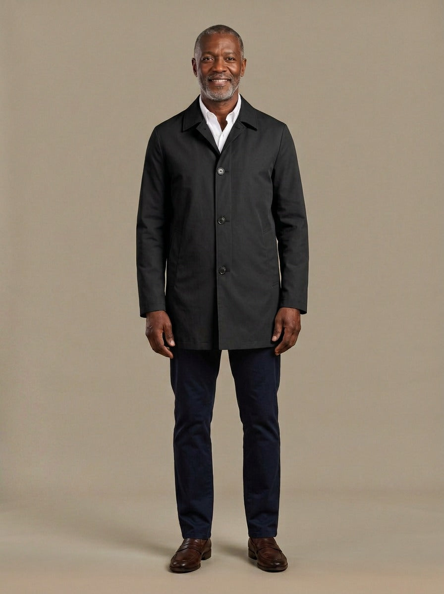 Atwell lightweight mac coat in Black, studio, Gentlemens Manor