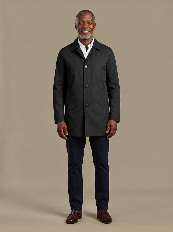 Atwell lightweight mac coat in Black, studio, Gentlemens Manor