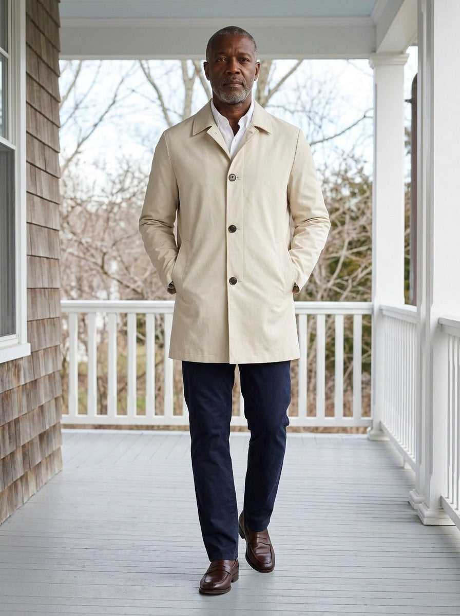 Atwell lightweight mac coat in Cream, lifestyle on a covered porch, Gentlemens Manor