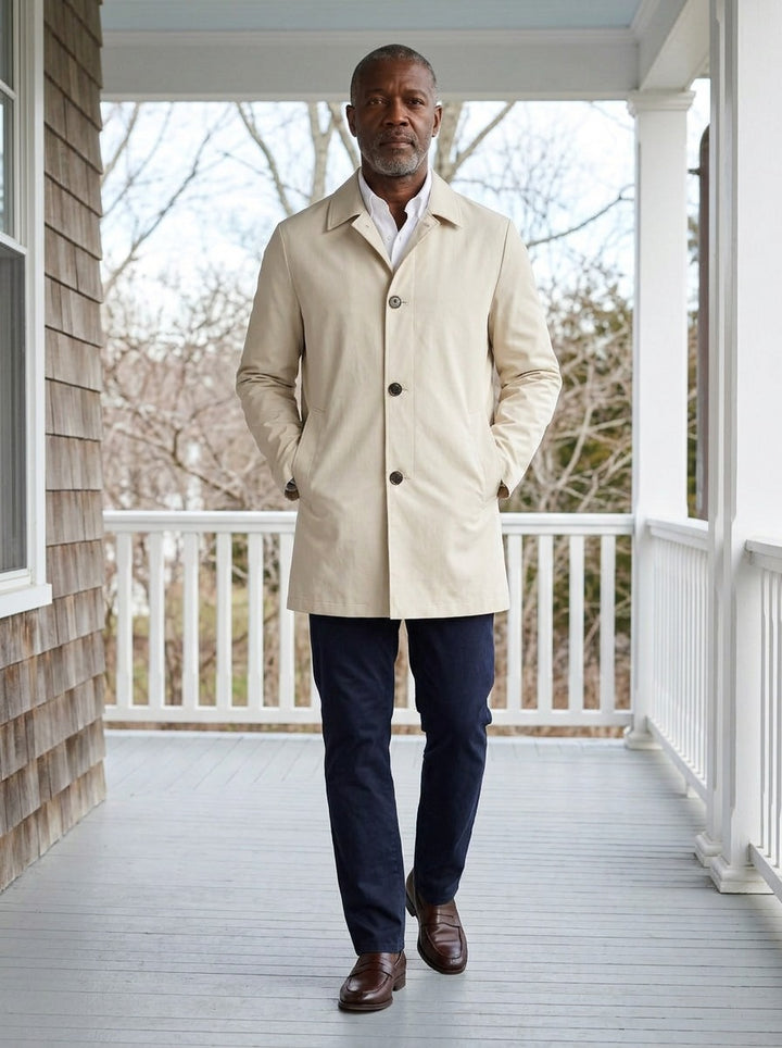 Atwell lightweight mac coat in Cream, lifestyle on a covered porch, Gentlemens Manor