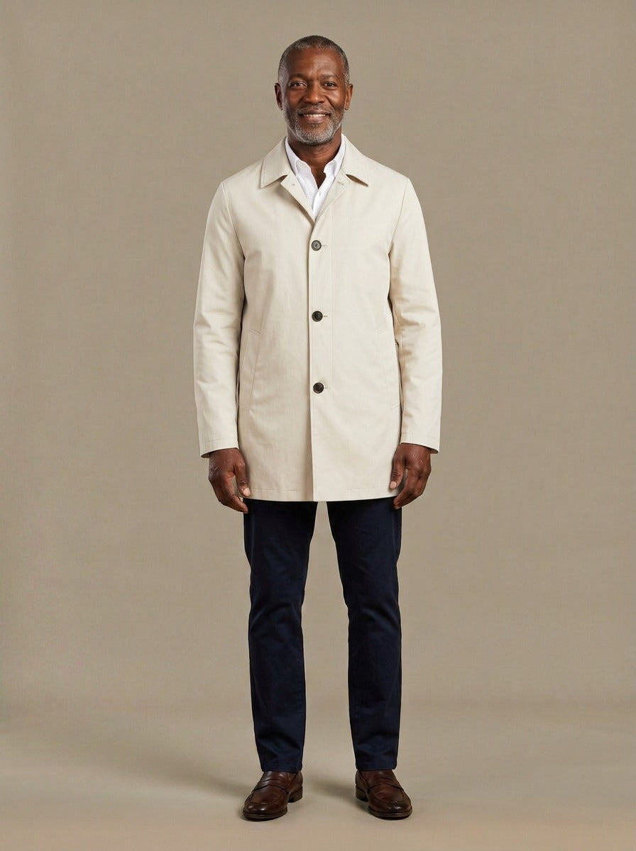 Atwell lightweight mac coat in Cream, studio, Gentlemens Manor
