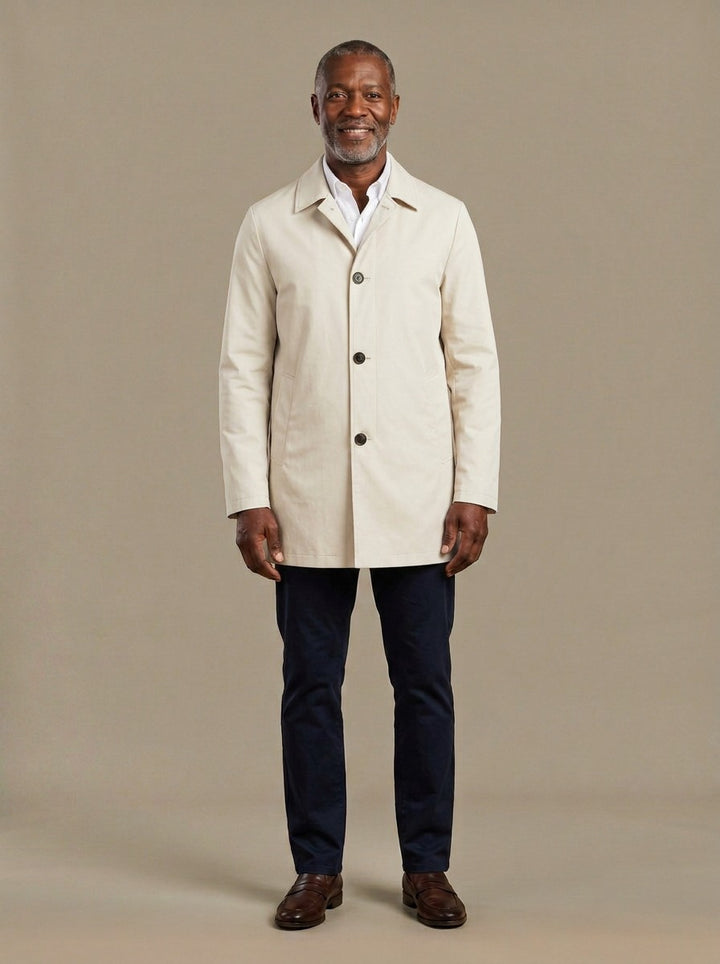 Atwell lightweight mac coat in Cream, studio, Gentlemens Manor