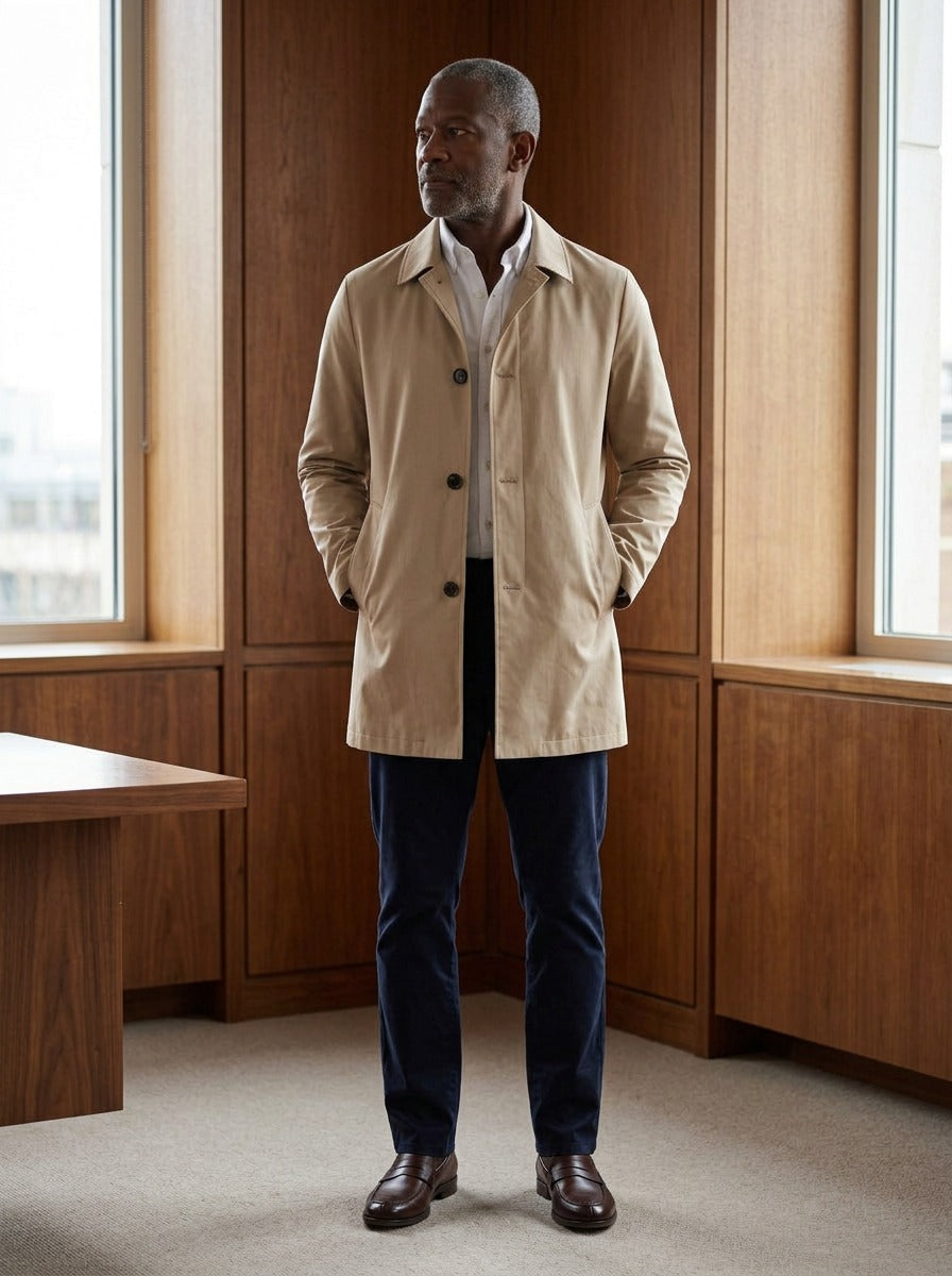 Atwell lightweight mac coat in Sand, lifestyle in a timber paneled office, Gentlemens Manor