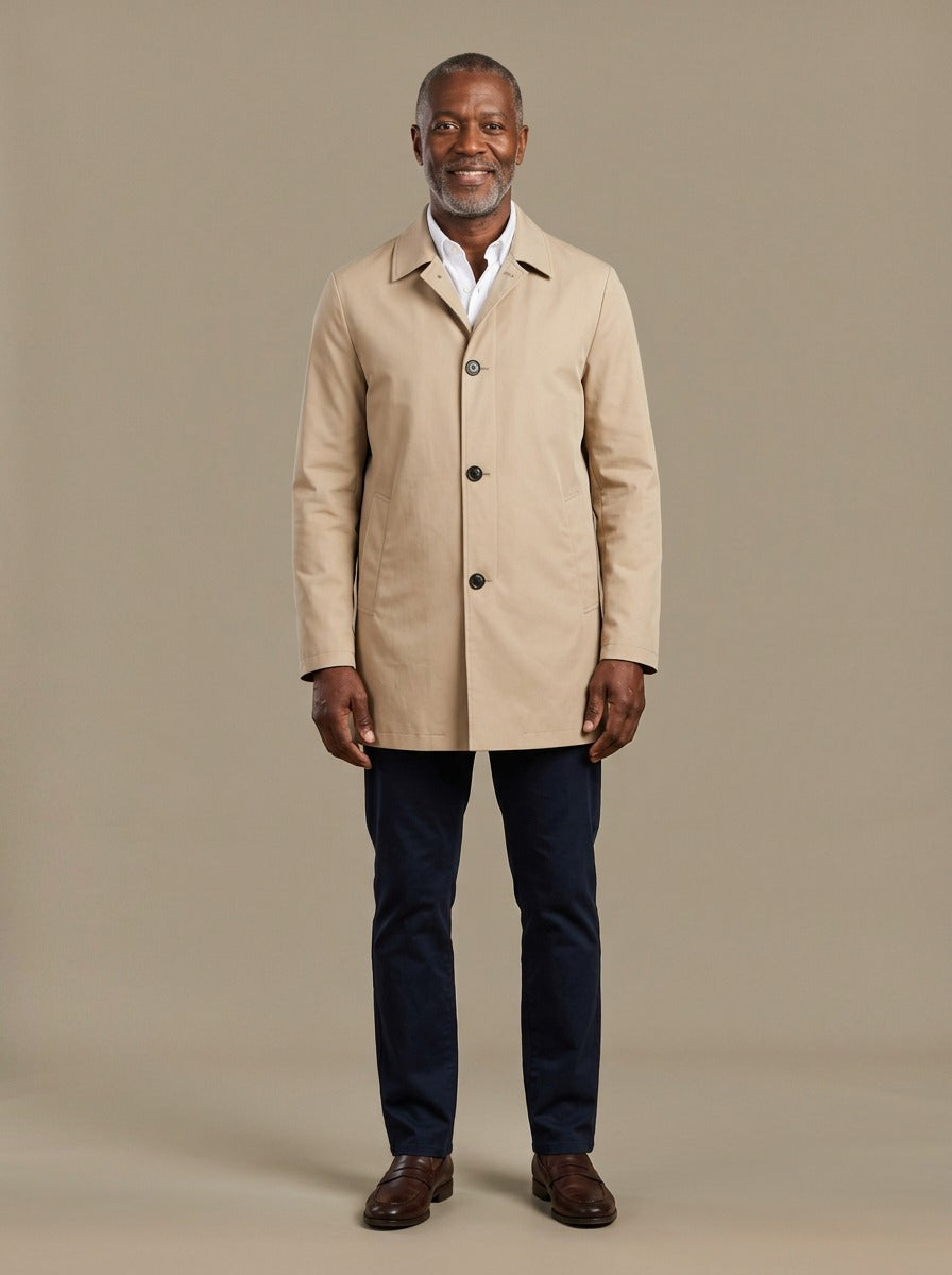Atwell lightweight mac coat in Sand, studio, Gentlemens Manor