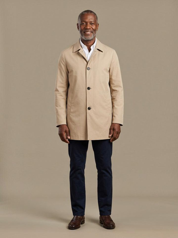 Atwell lightweight mac coat in Sand, studio, Gentlemens Manor