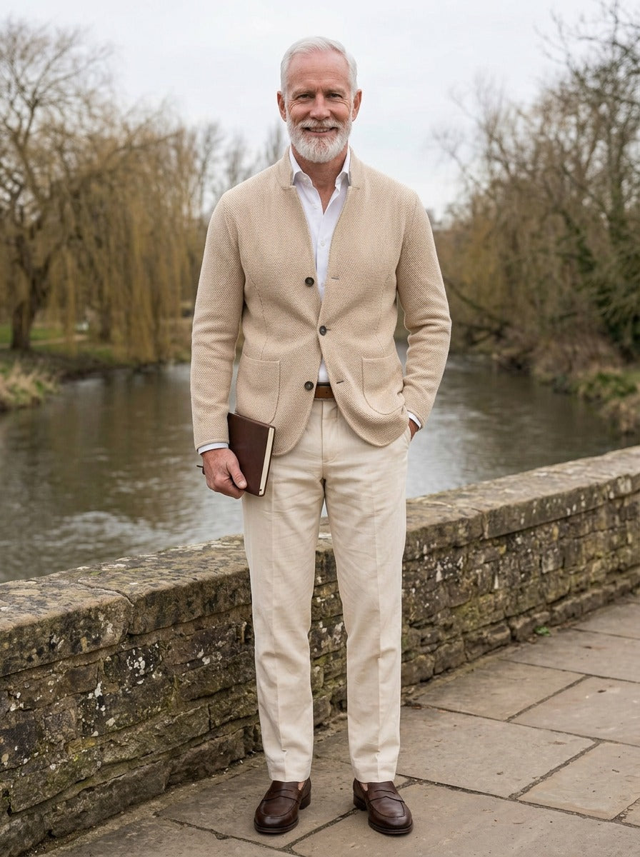Atwood knit jacket in Beige, lifestyle on a stone footbridge, Gentlemens Manor