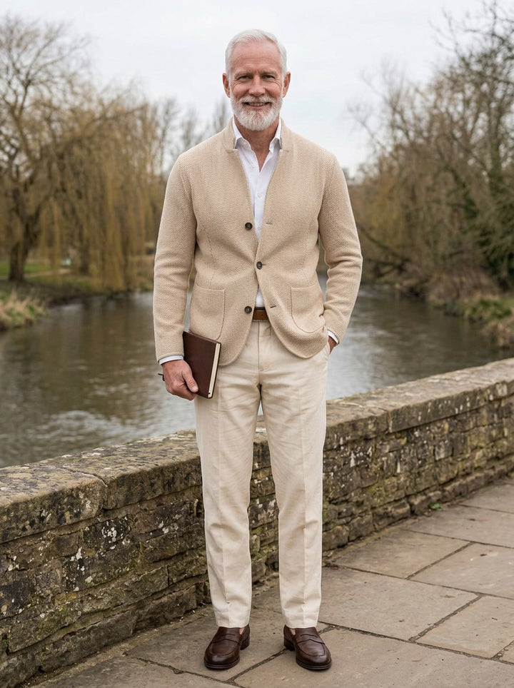 Atwood knit jacket in Beige, lifestyle on a stone footbridge, Gentlemens Manor