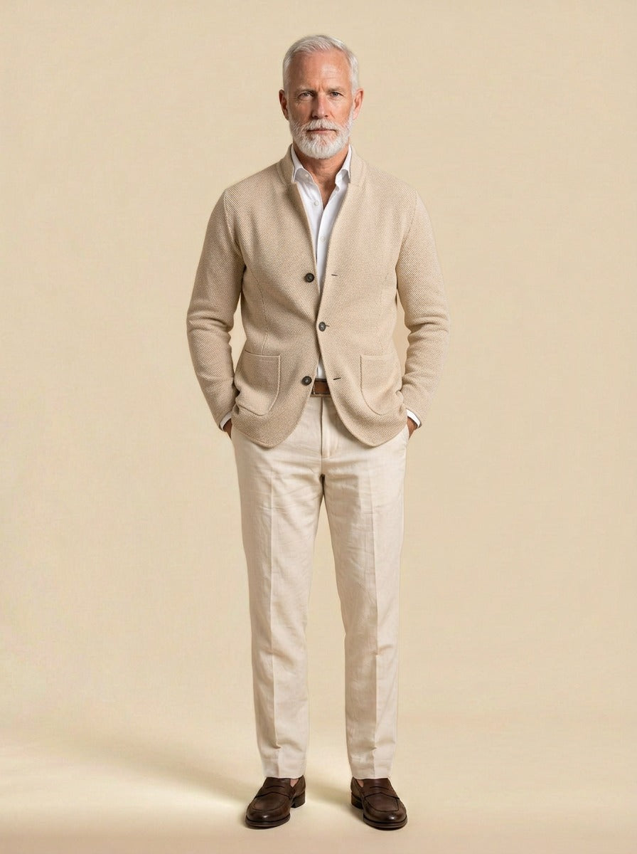Atwood knit jacket in Beige, studio, Gentlemens Manor