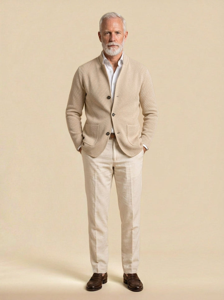 Atwood knit jacket in Beige, studio, Gentlemens Manor