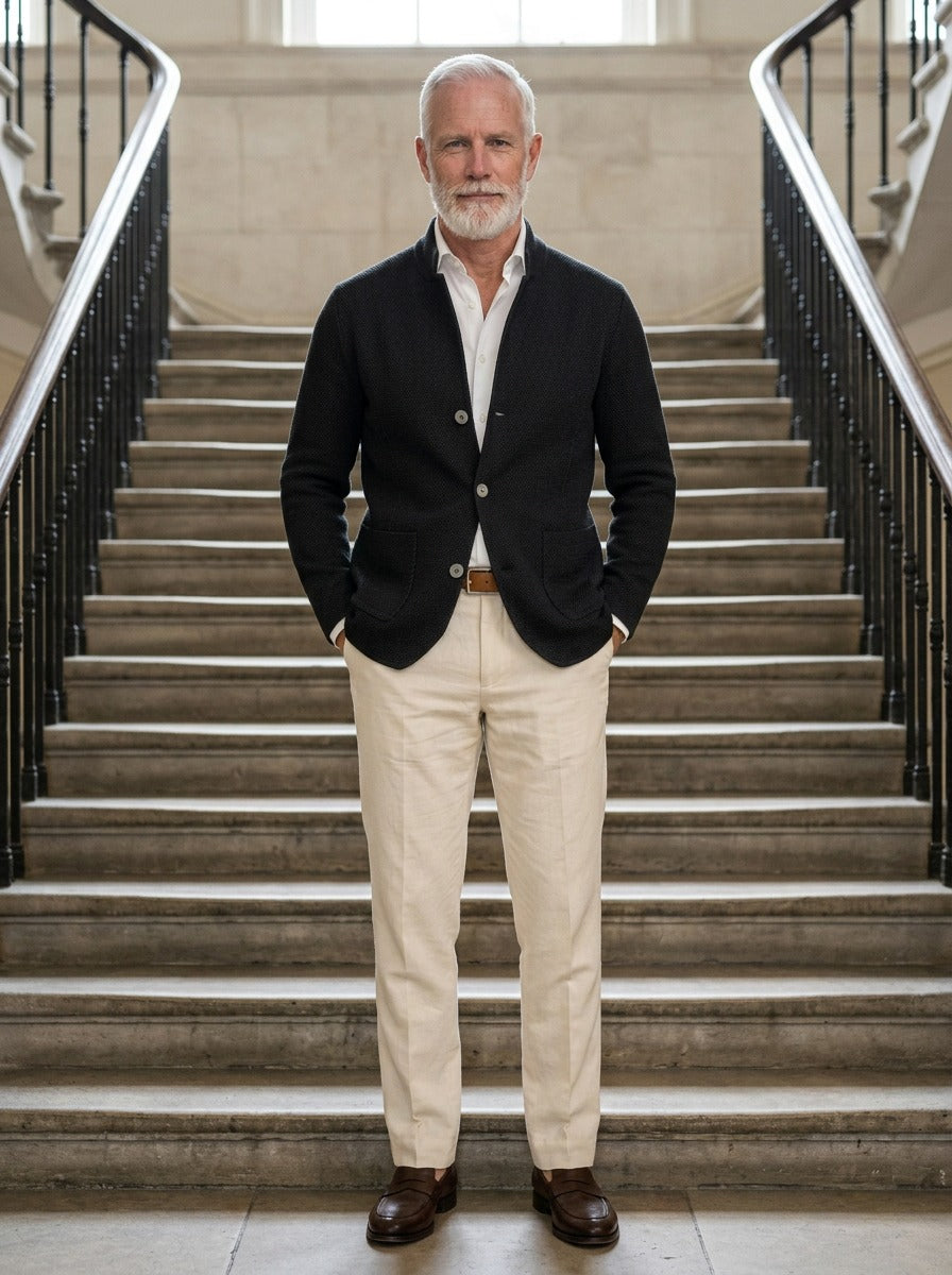 Atwood knit jacket in Black, lifestyle on a civic stone staircase, Gentlemens Manor