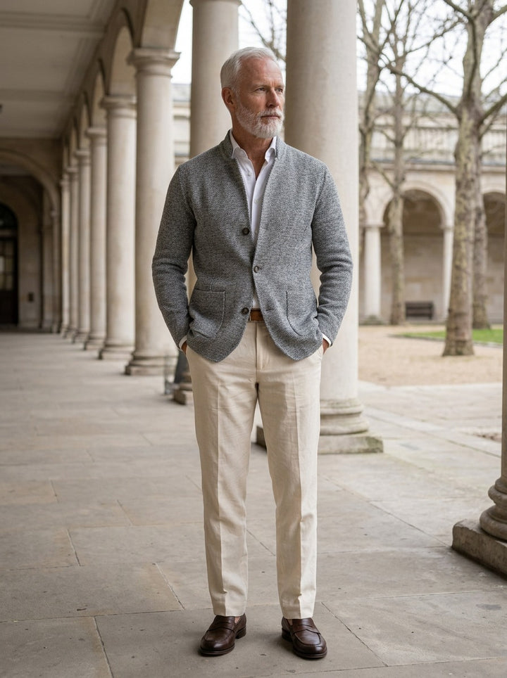 Atwood knit jacket in Grey, lifestyle in a stone colonnade, Gentlemens Manor