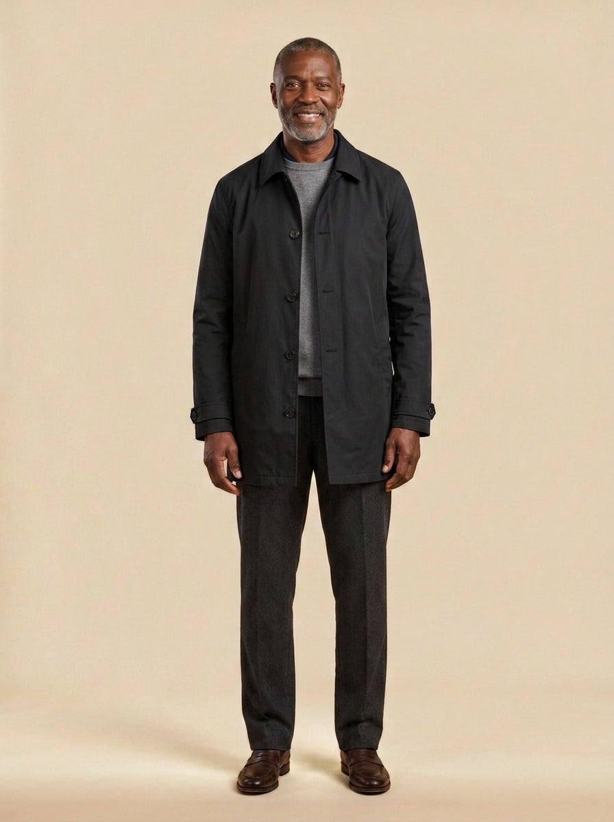 Aubrey single breasted mac coat in Black, studio, Gentlemens Manor