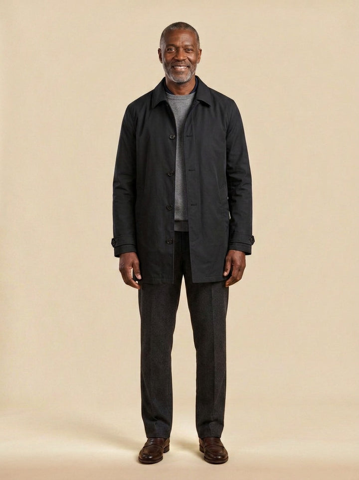 Aubrey single breasted mac coat in Black, studio, Gentlemens Manor