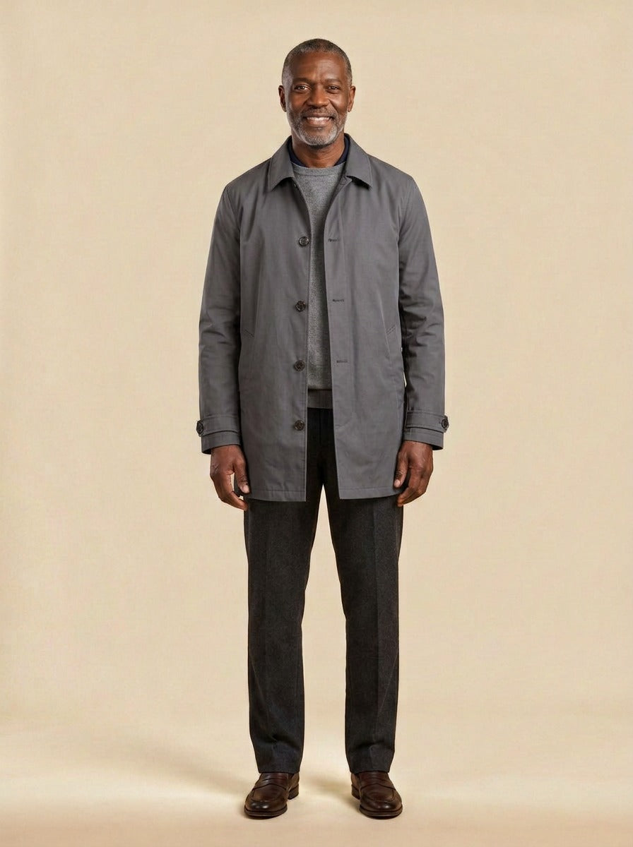 Aubrey single breasted mac coat in Grey, studio, Gentlemens Manor