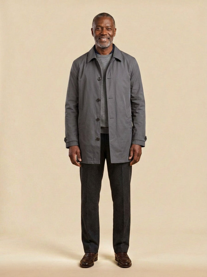 Aubrey single breasted mac coat in Grey, studio, Gentlemens Manor