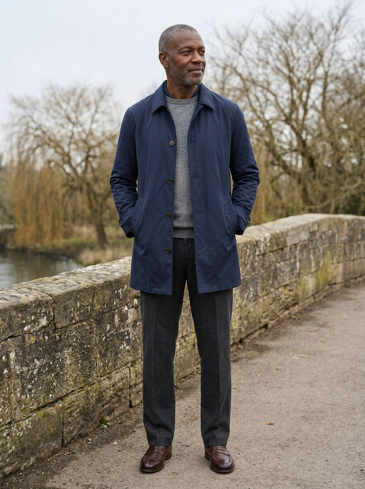 Aubrey single breasted mac coat in Navy, lifestyle on a stone footbridge, Gentlemens Manor
