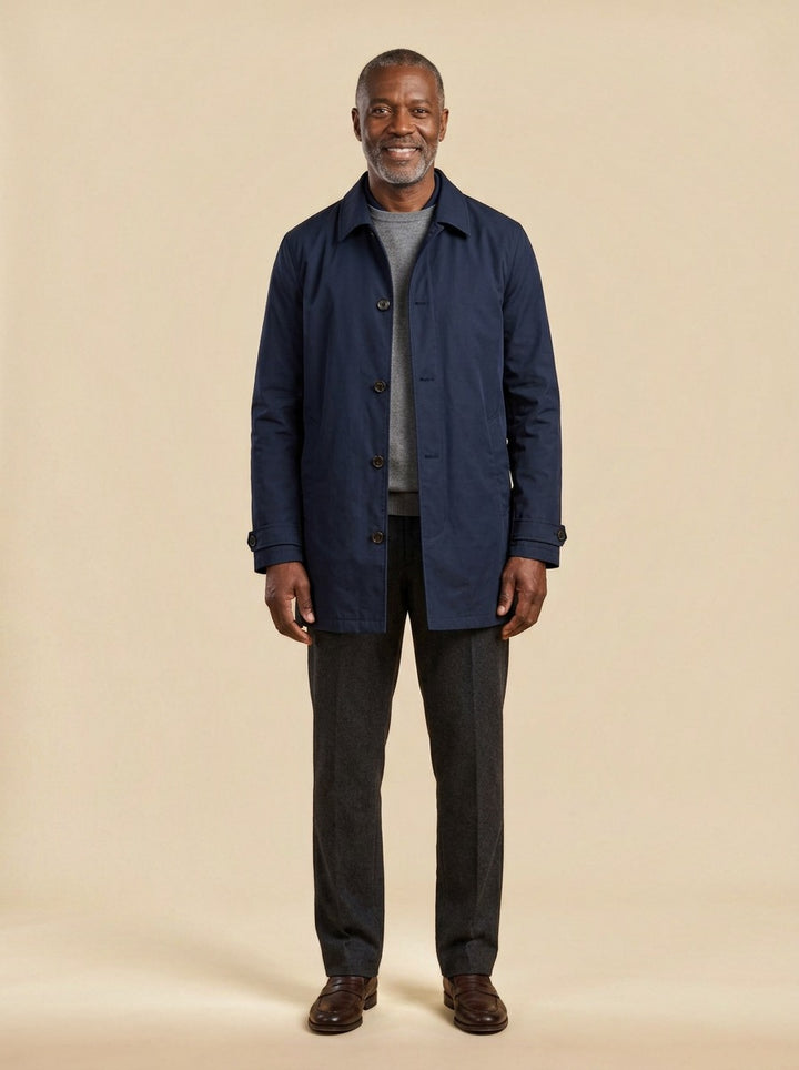 Aubrey single breasted mac coat in Navy, studio, Gentlemens Manor