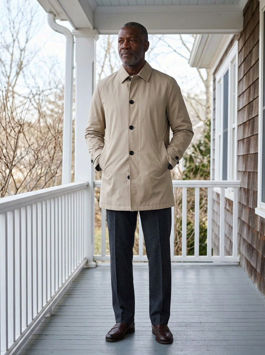 Aubrey single breasted mac coat in Sand, lifestyle on a covered porch, Gentlemens Manor
