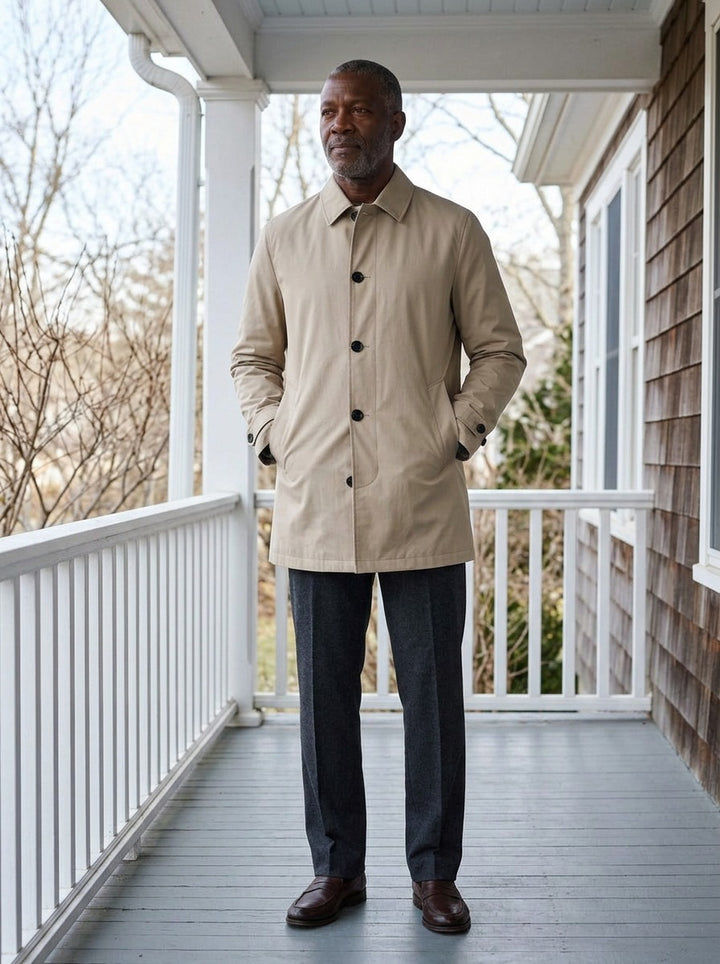Aubrey single breasted mac coat in Sand, lifestyle on a covered porch, Gentlemens Manor