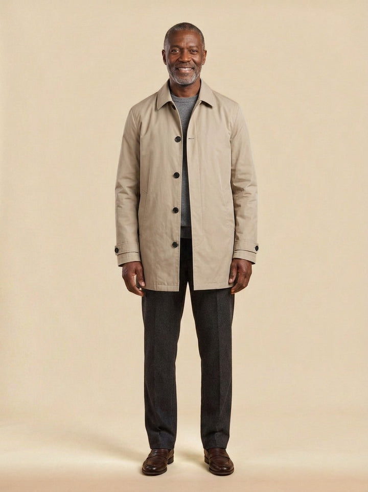 Aubrey single breasted mac coat in Sand, studio, Gentlemens Manor