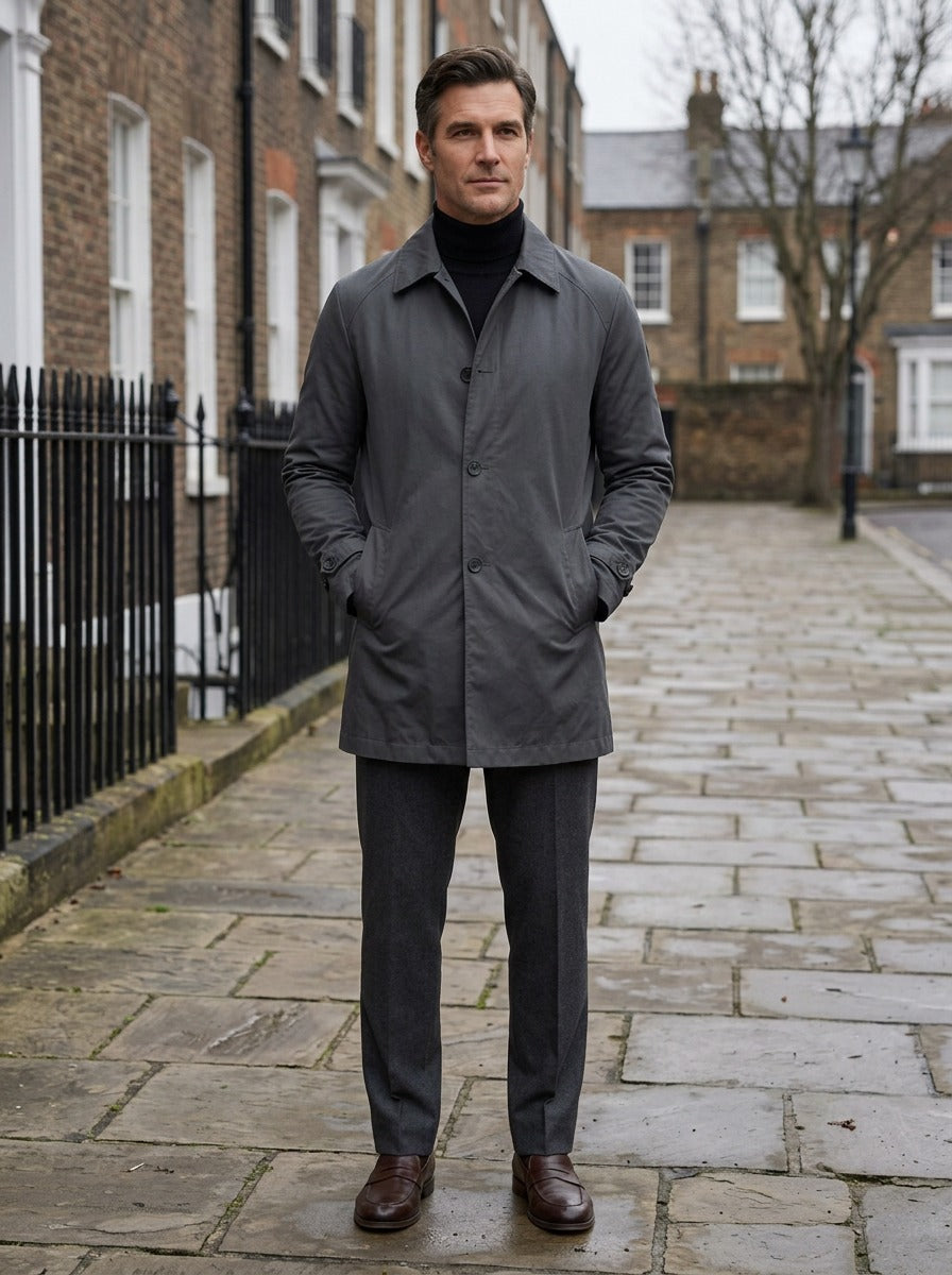 Audley quilted lined car coat in Charcoal, lifestyle on a street of brick row houses, Gentlemens Manor