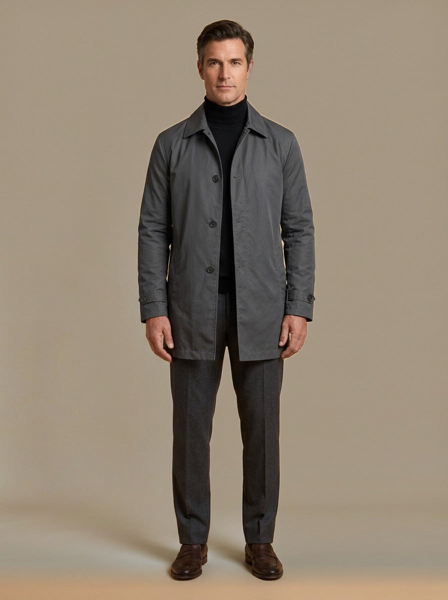 Audley quilted lined car coat in Charcoal, studio, Gentlemens Manor