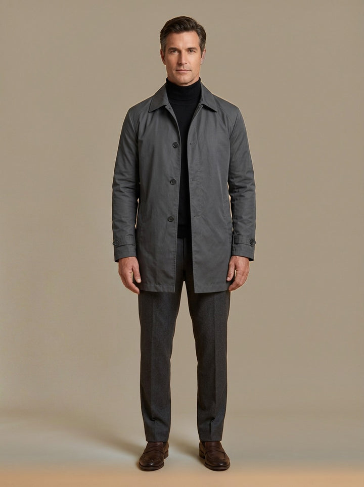 Audley quilted lined car coat in Charcoal, studio, Gentlemens Manor