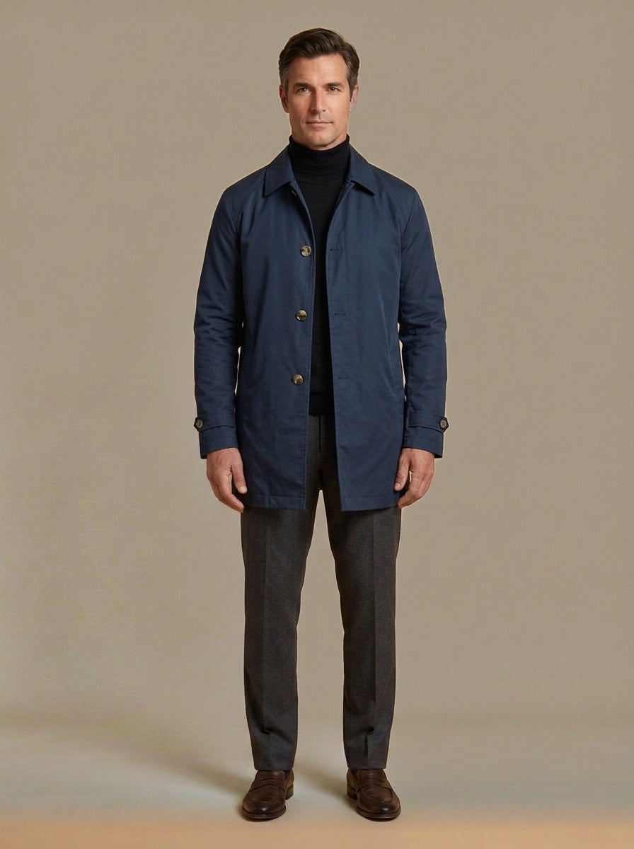 Audley quilted lined car coat in Navy, studio, Gentlemens Manor