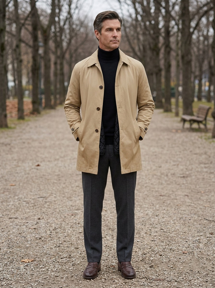 Audley quilted lined car coat in Sand, lifestyle on a park path, Gentlemens Manor