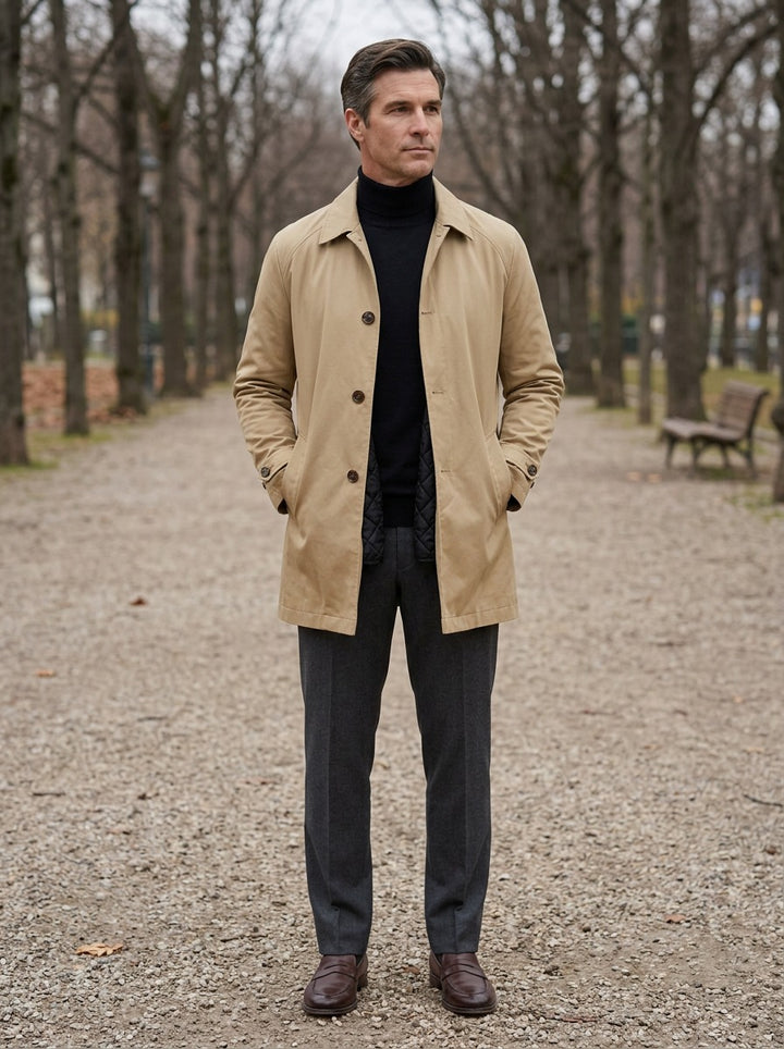 Audley quilted lined car coat in Sand, lifestyle on a park path, Gentlemens Manor
