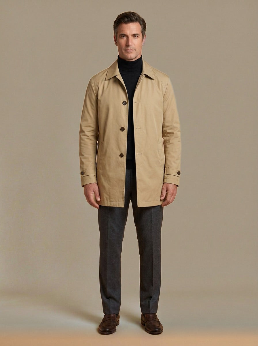 Audley quilted lined car coat in Sand, studio, Gentlemens Manor