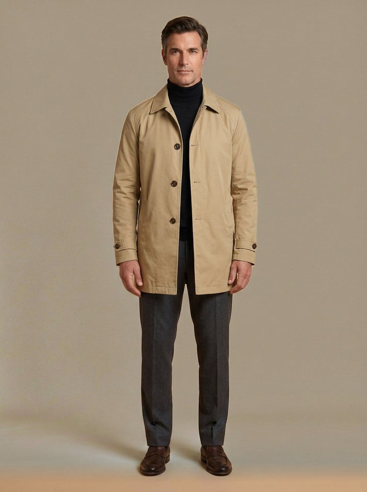 Audley quilted lined car coat in Sand, studio, Gentlemens Manor