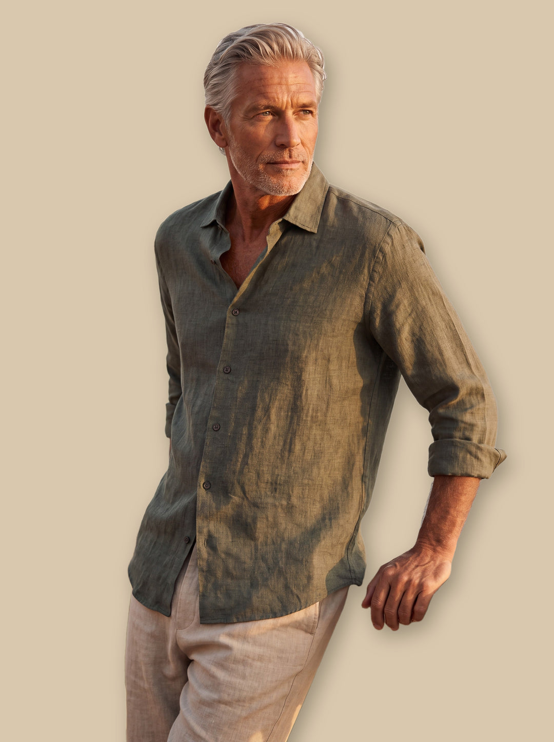 August linen shirt in Olive, studio - Gentlemens Manor