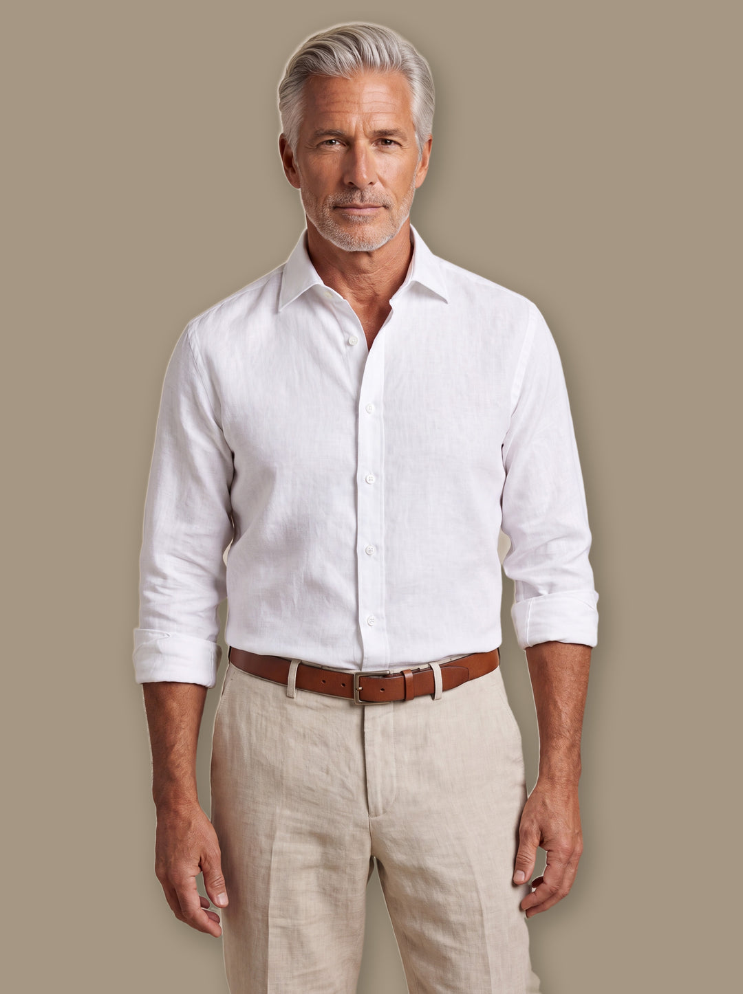 Austin linen shirt in White, worn by a model on a warm taupe studio background - Gentlemens Manor