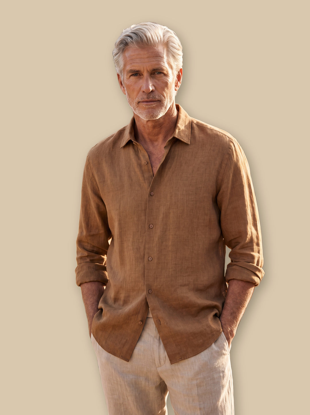 Avery linen shirt in Camel, studio - Gentlemens Manor