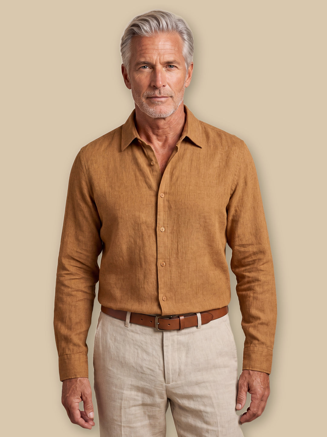 Avery linen shirt in Green, worn by a model on a warm sand studio background - Gentlemens Manor