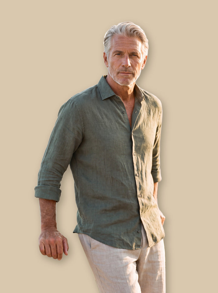 Avery linen shirt in Olive, studio - Gentlemens Manor