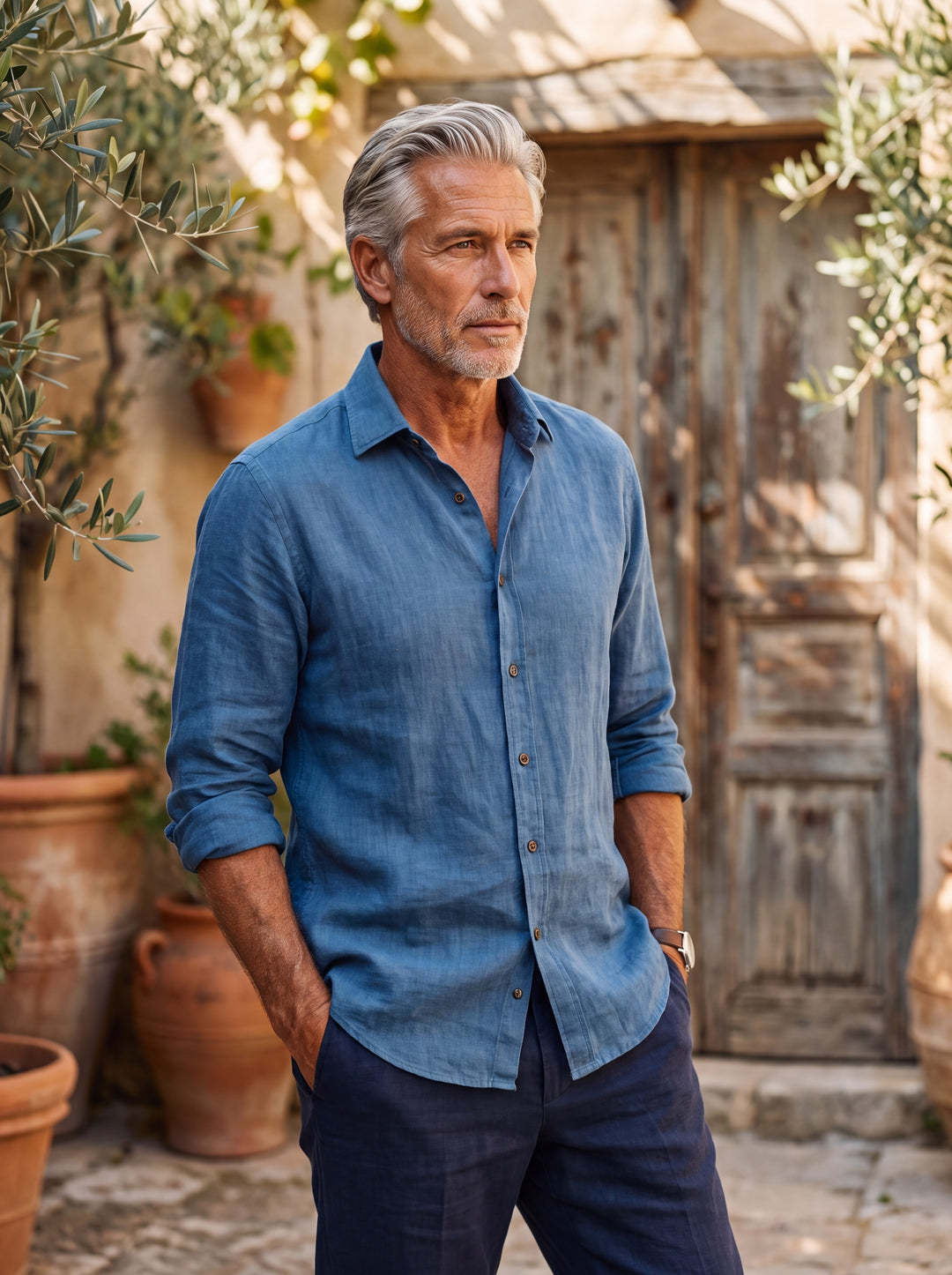 Axel Men linen shirt in blue, worn by a model on a Mediterranean terrace - Gentlemens Manor lifestyle