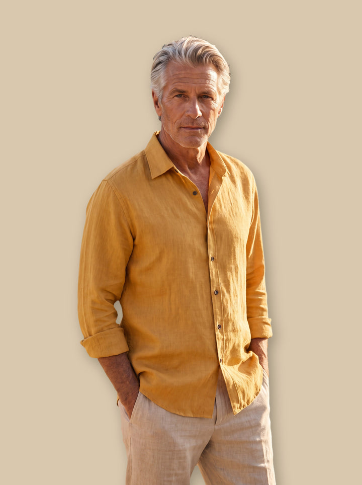 Axel linen shirt in Mustard, studio - Gentlemens Manor