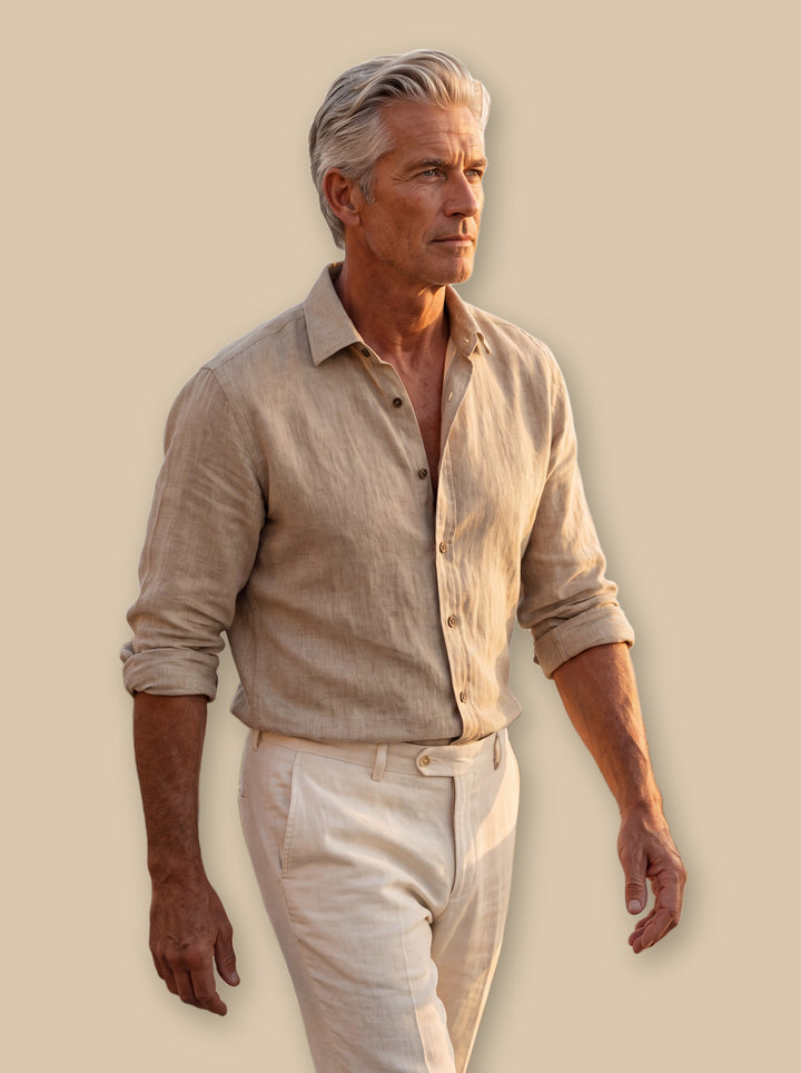 Axel linen shirt in Sand, studio - Gentlemens Manor