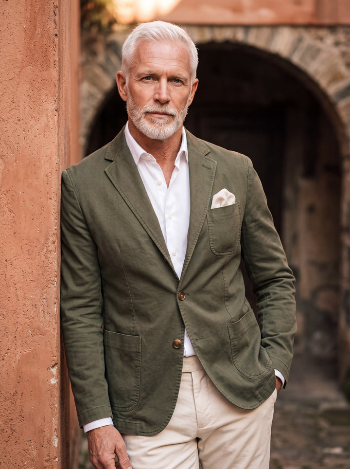 Baldwin blazer in Olive, worn by a model in a Mediterranean setting - Gentlemens Manor lifestyle