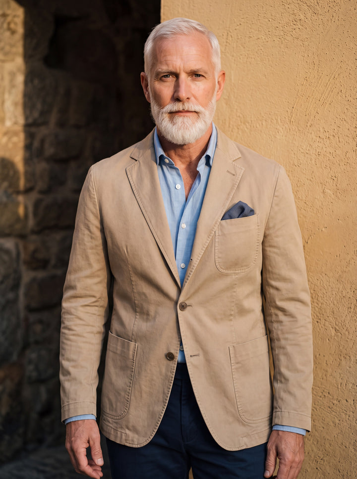 Baldwin blazer in Sand, worn by a model in a Mediterranean setting - Gentlemens Manor lifestyle