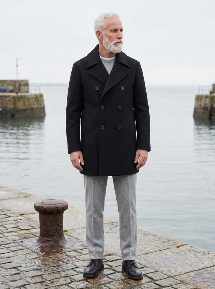 Bancroft peacoat in Black, lifestyle on a stone harbor quay, Gentlemens Manor