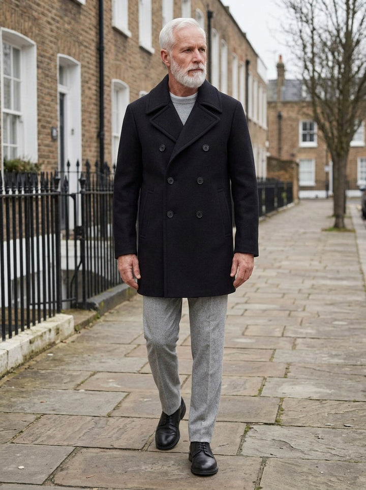 Bancroft peacoat in Black, lifestyle on a street of brick row houses, Gentlemens Manor