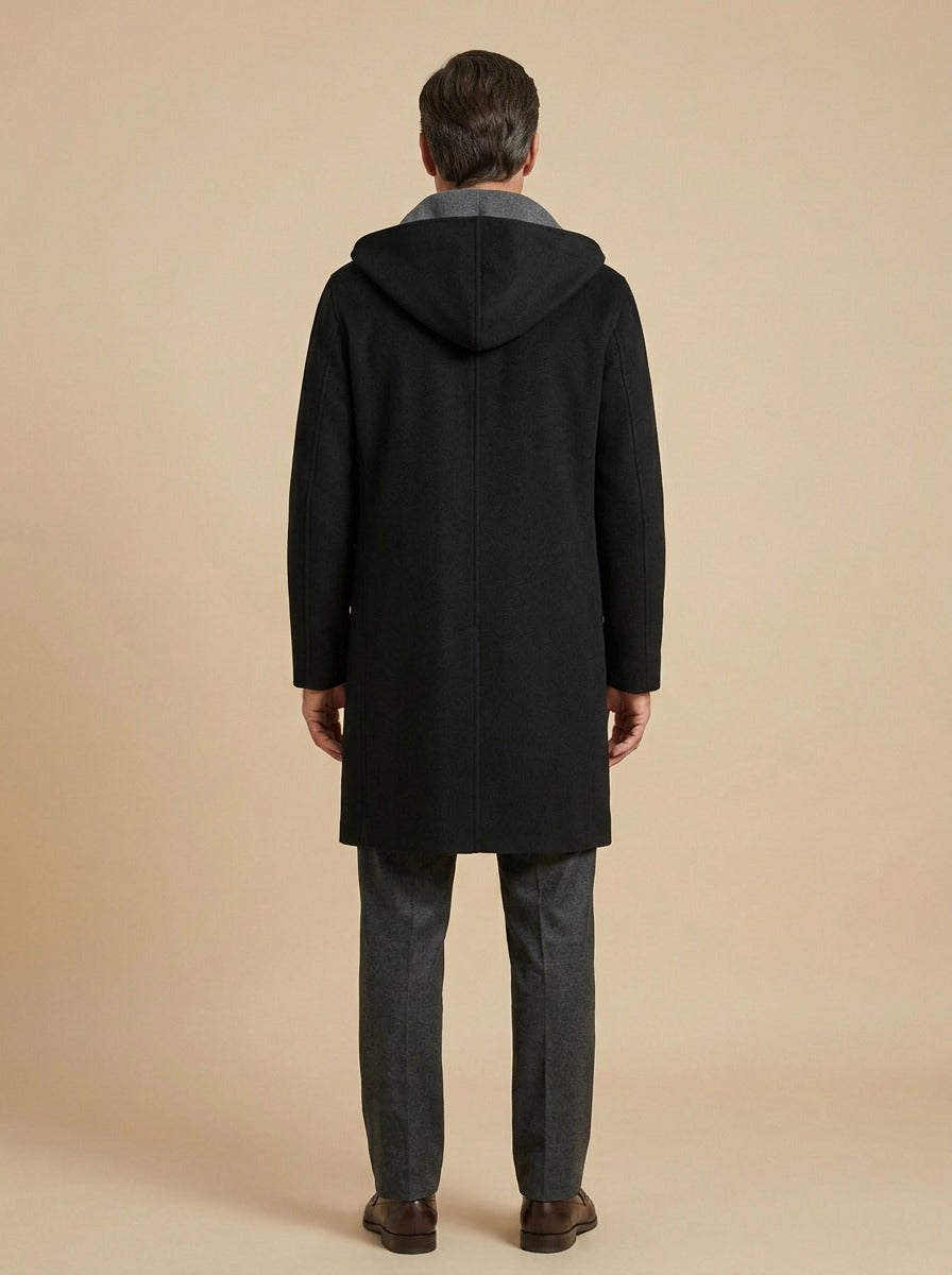 Barlow hooded overcoat in Black, back view, Gentlemens Manor