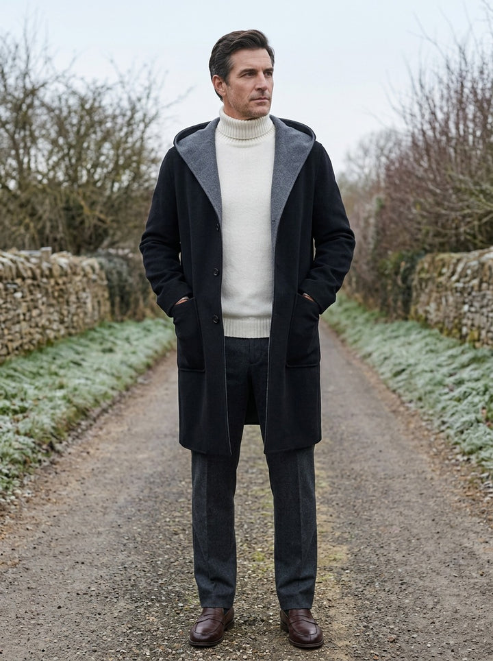 Barlow hooded overcoat in Black, lifestyle on a country lane, Gentlemens Manor