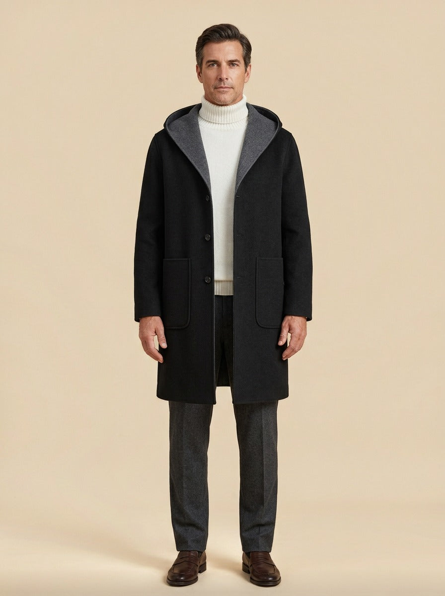 Barlow hooded overcoat in Black, studio, Gentlemens Manor