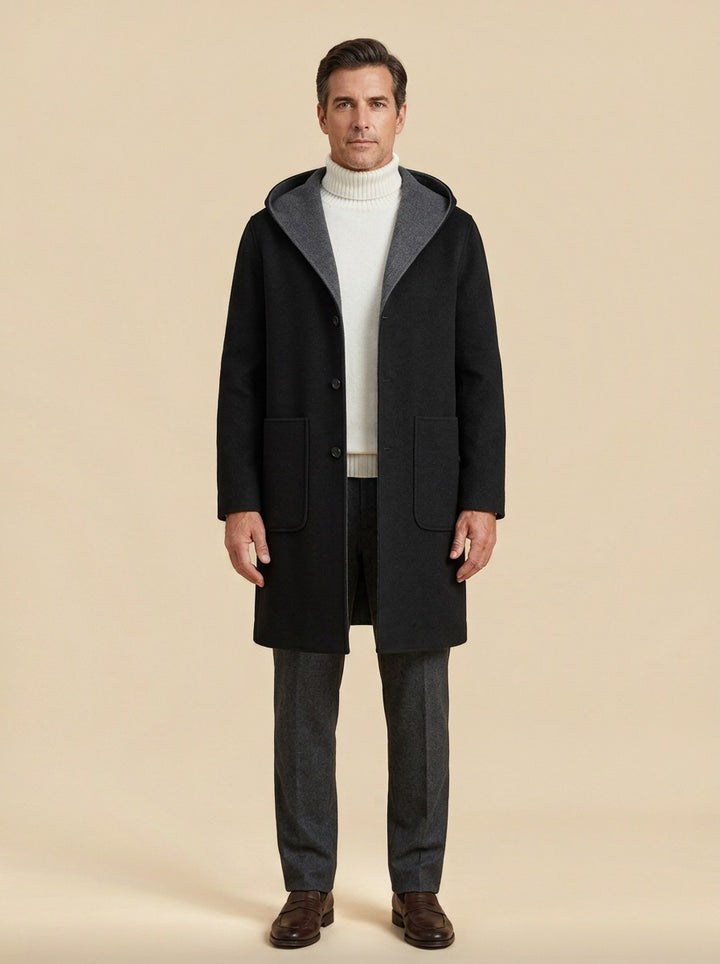 Barlow hooded overcoat in Black, studio, Gentlemens Manor