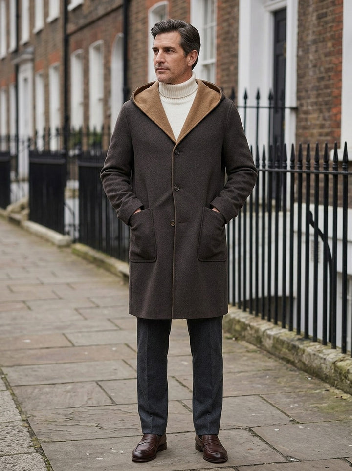 Barlow hooded overcoat in Dark Brown, lifestyle on a street of brick row houses, Gentlemens Manor